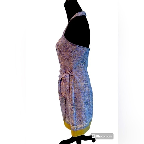 La Belle, Blue Cream and Green, Knee Length Halter Faux Wrap Dress Size 9 - Picture 3 of 7